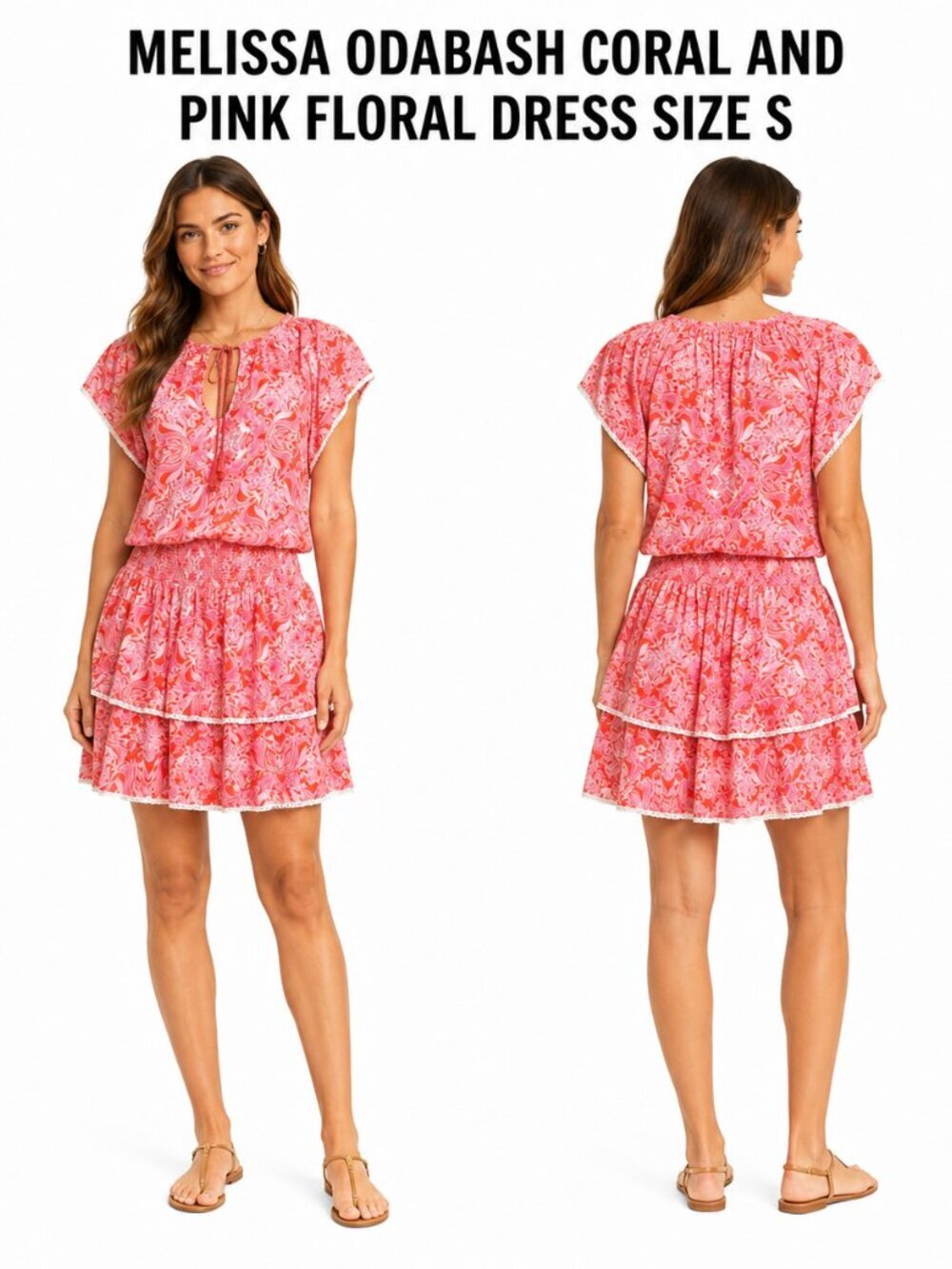 MELISSA ODABASH CORAL PINK FLORAL TIERED MINI DRESS SIZE S